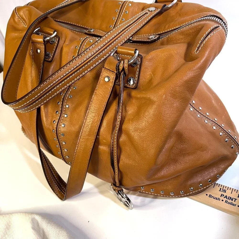 Michael Kors Tan Studded Leather Tote Bag With MK Charm & Zip Closure